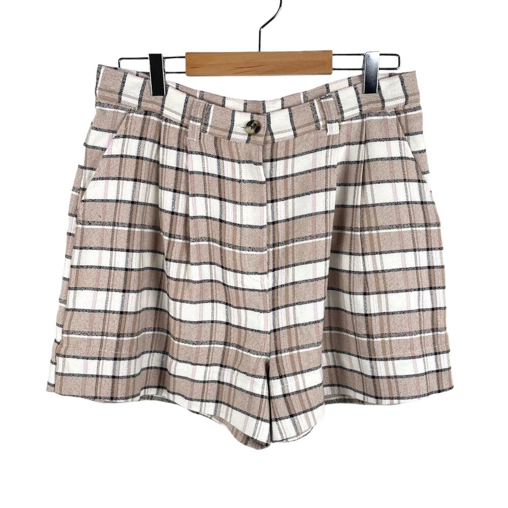 Treasure & Bond Shorts Womens 12 Brown White Plaid Pleated Tweed High Rise